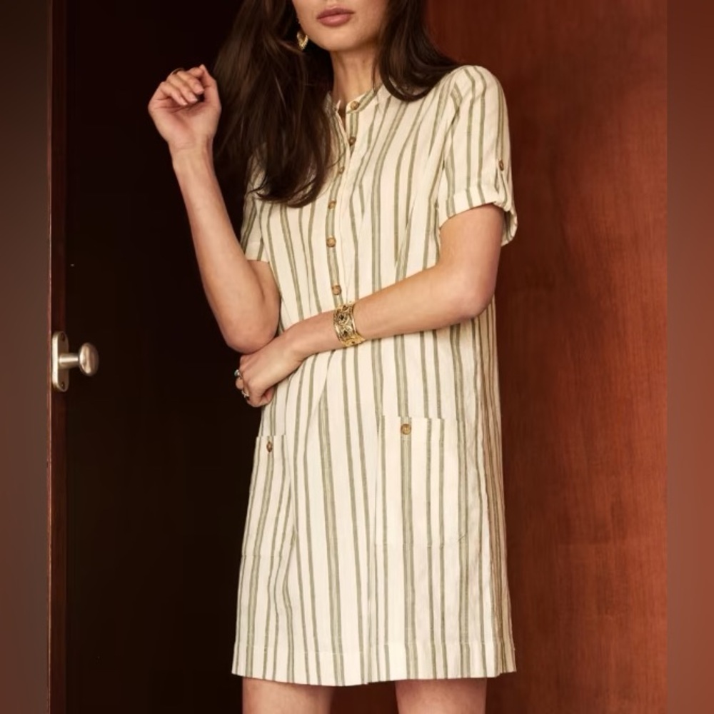 Sezane Olive and Cream Striped Mini Dress